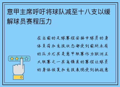 意甲主席呼吁将球队减至十八支以缓解球员赛程压力