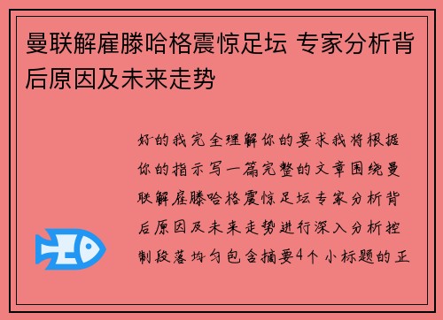 曼联解雇滕哈格震惊足坛 专家分析背后原因及未来走势 曼联解雇滕哈格震惊足坛 专家分析背后原因及未来走势